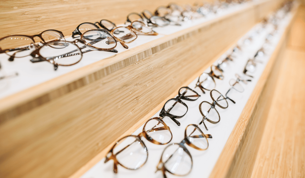 Glasses on display in an optical