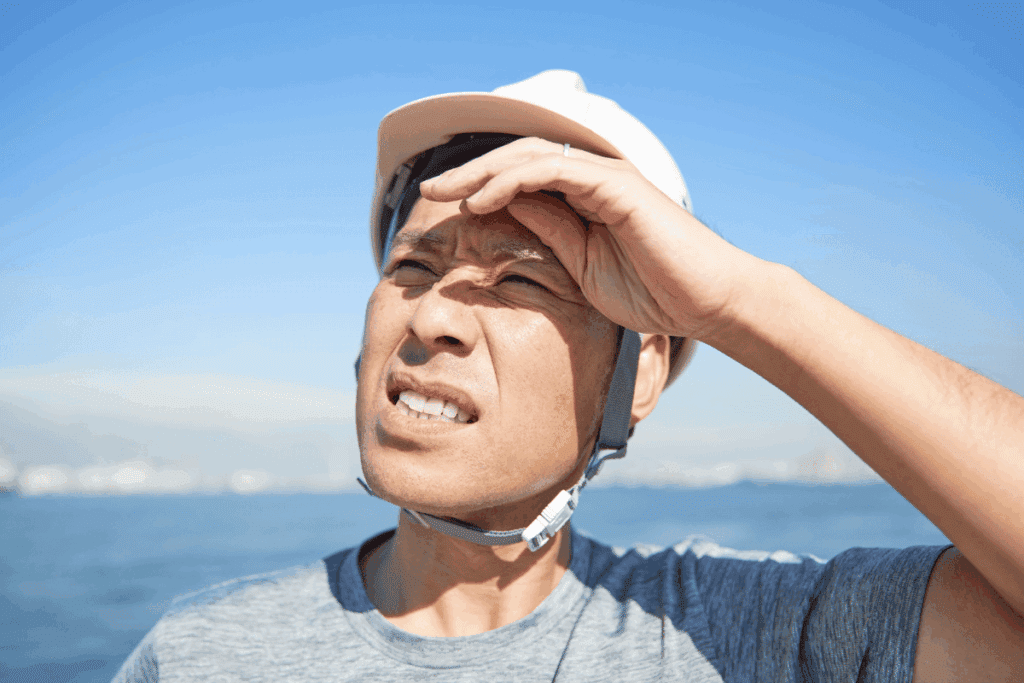 Man squinting while wearing a bike helmet outdoors