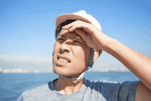 Man squinting while wearing a bike helmet outdoors