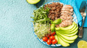 Healthy plate with avocado, chicken, quinoa