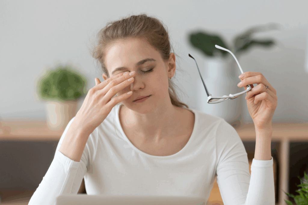 Woman taking off glasses and rubbing her eye