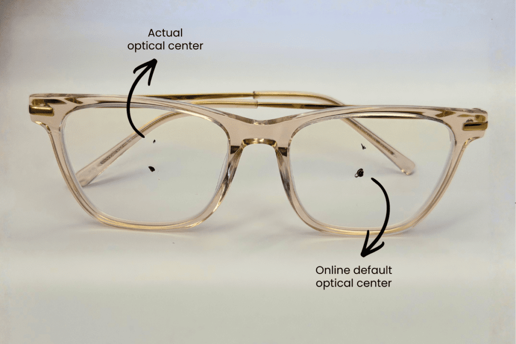 Pair of glasses with dots marking different optical centers