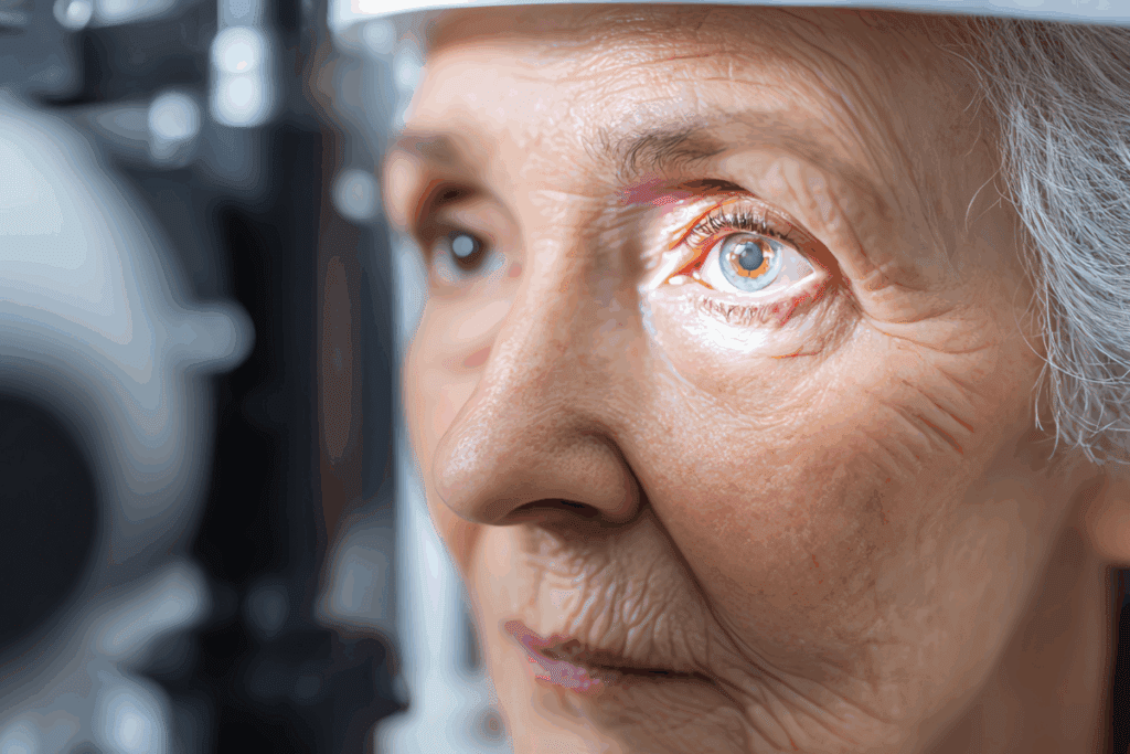 Senior woman getting an eye exam under a slit lamp