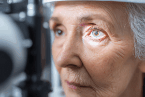 Senior woman getting an eye exam under a slit lamp