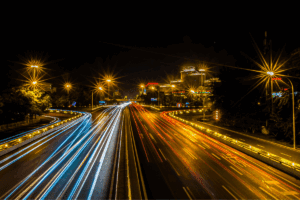 Street view at night with blurry lights