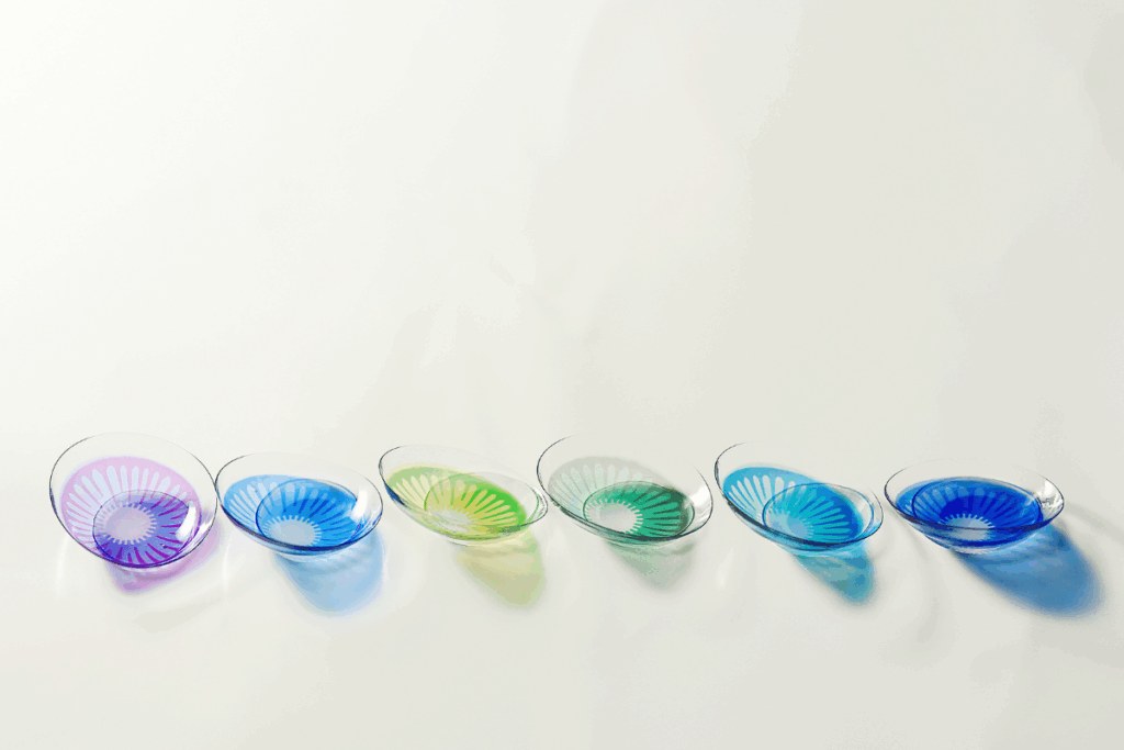 Row of colored contacts on a white table
