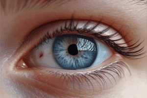 Close-up of a blue eye with a freckle