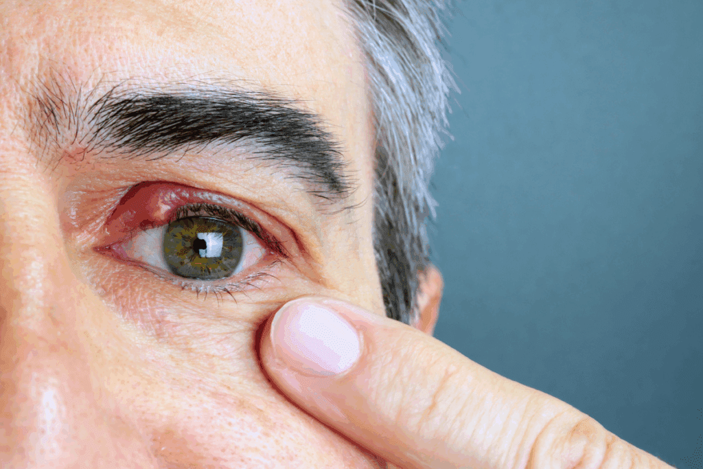 Main pointing to his eyelid with a chalazion, infected eyelash pore