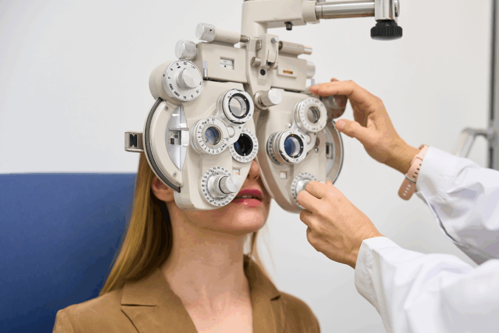 Woman behind an phoropter in an eye exam