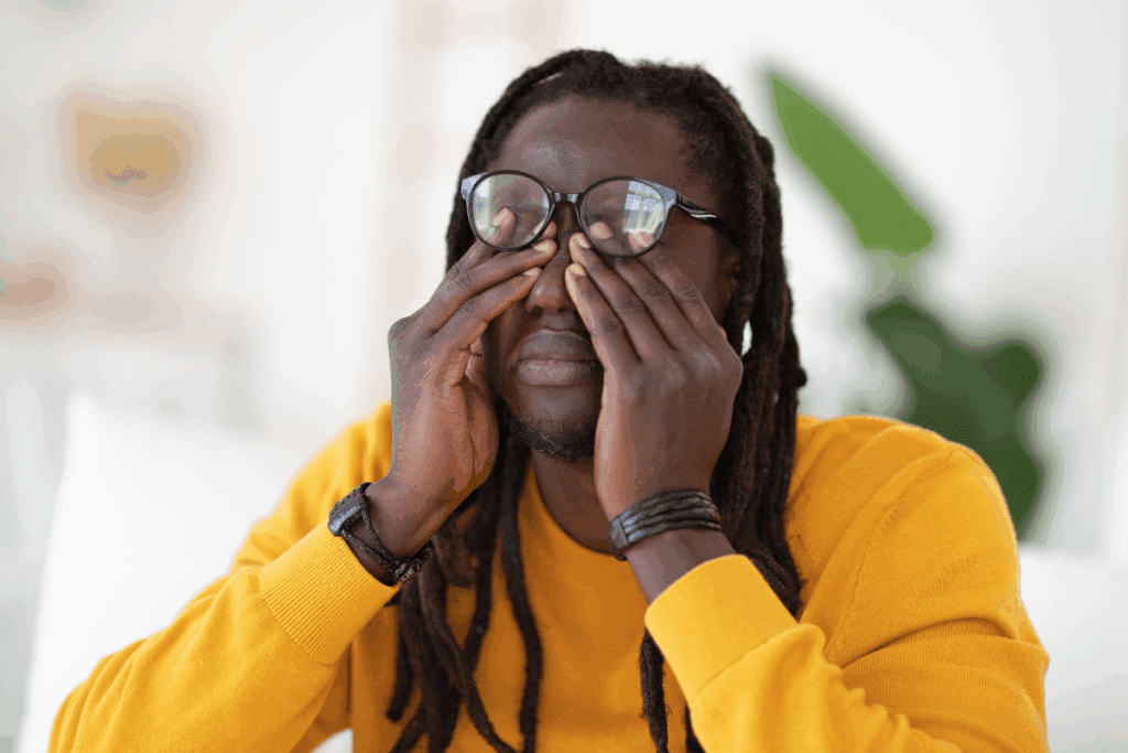 Black man rubbing his eyes