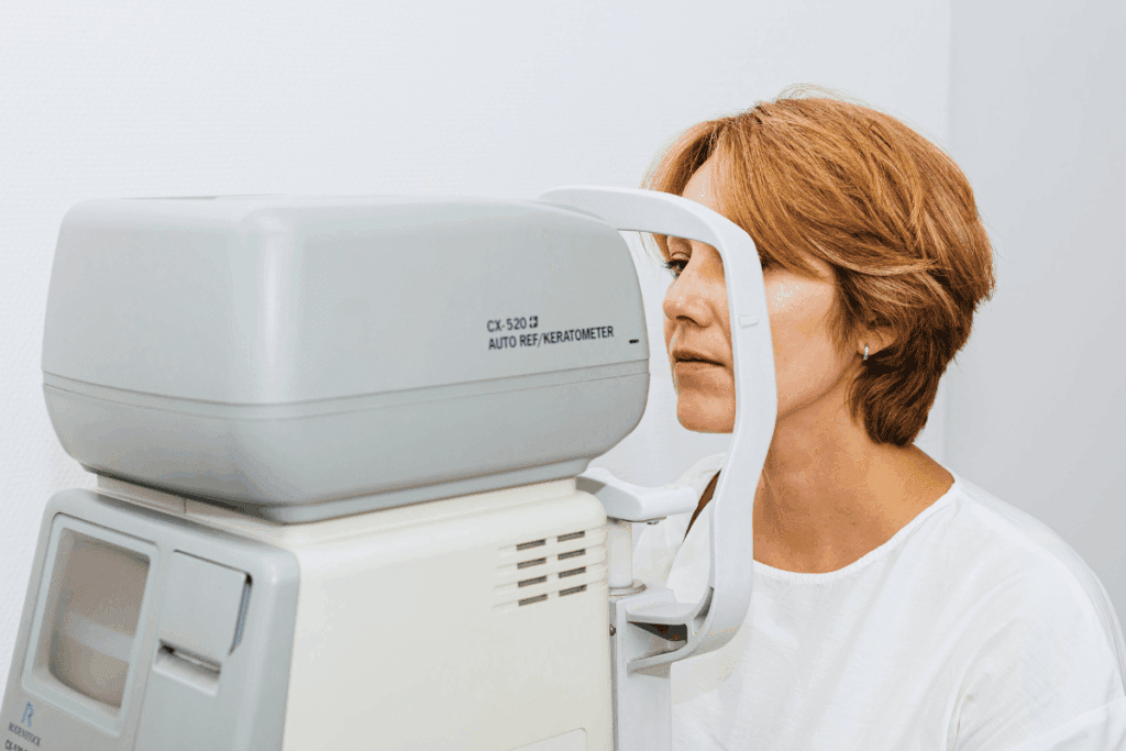 Woman sitting in front of an auto-refractor