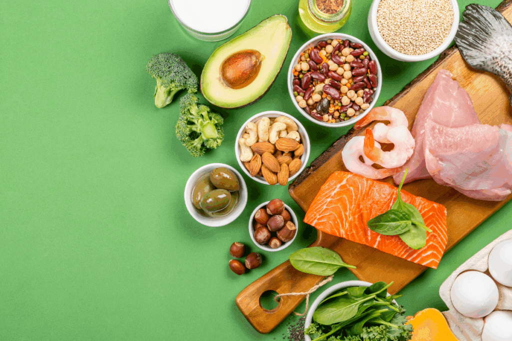 Mediterranean diet foods on a green background