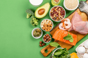 Mediterranean diet foods on a green background