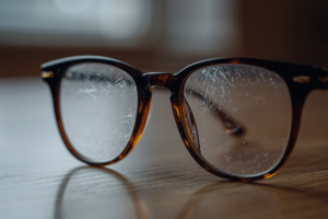 Pair of glasses with scratched lenses on a table