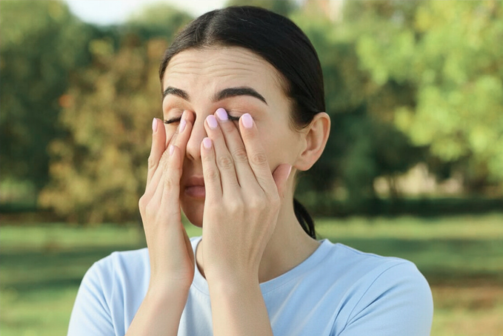 Woman outside in Boise rubbing her eyes