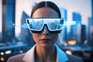 Female wearing futuristic augmented reality glasses